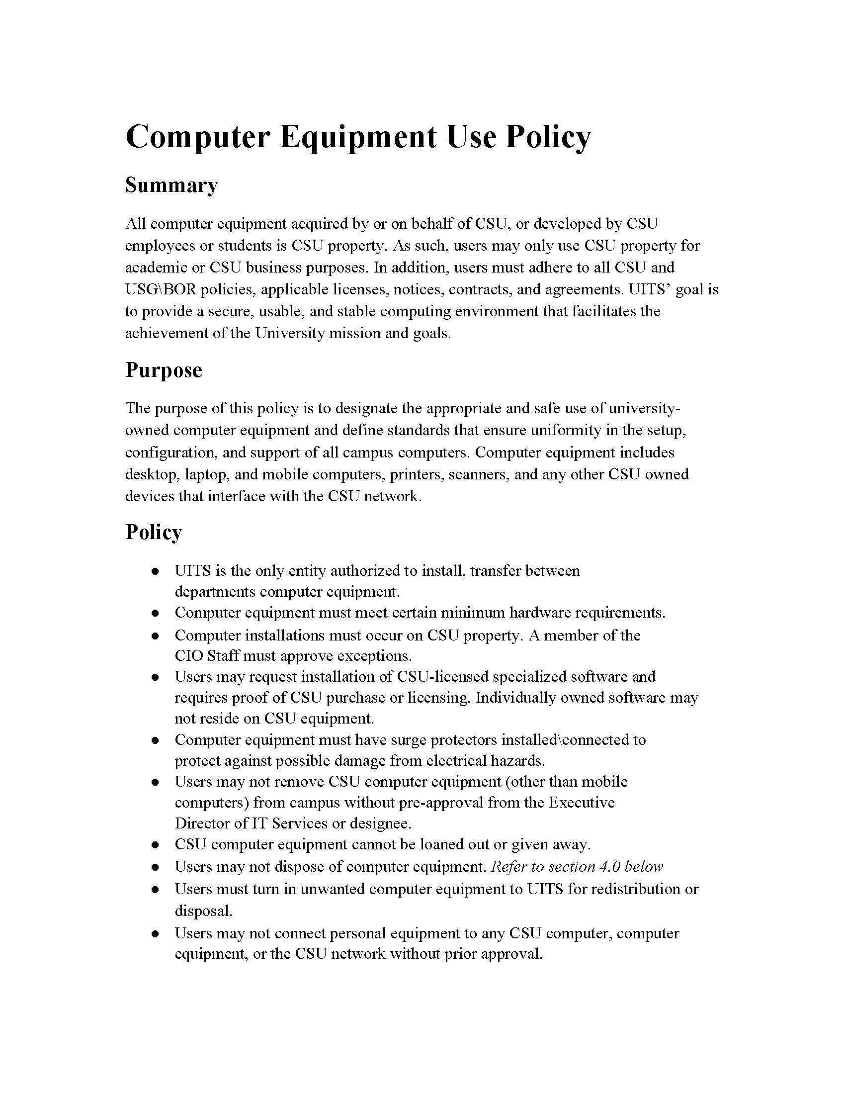 Page one screenshot of Computer Equipment Use Policy