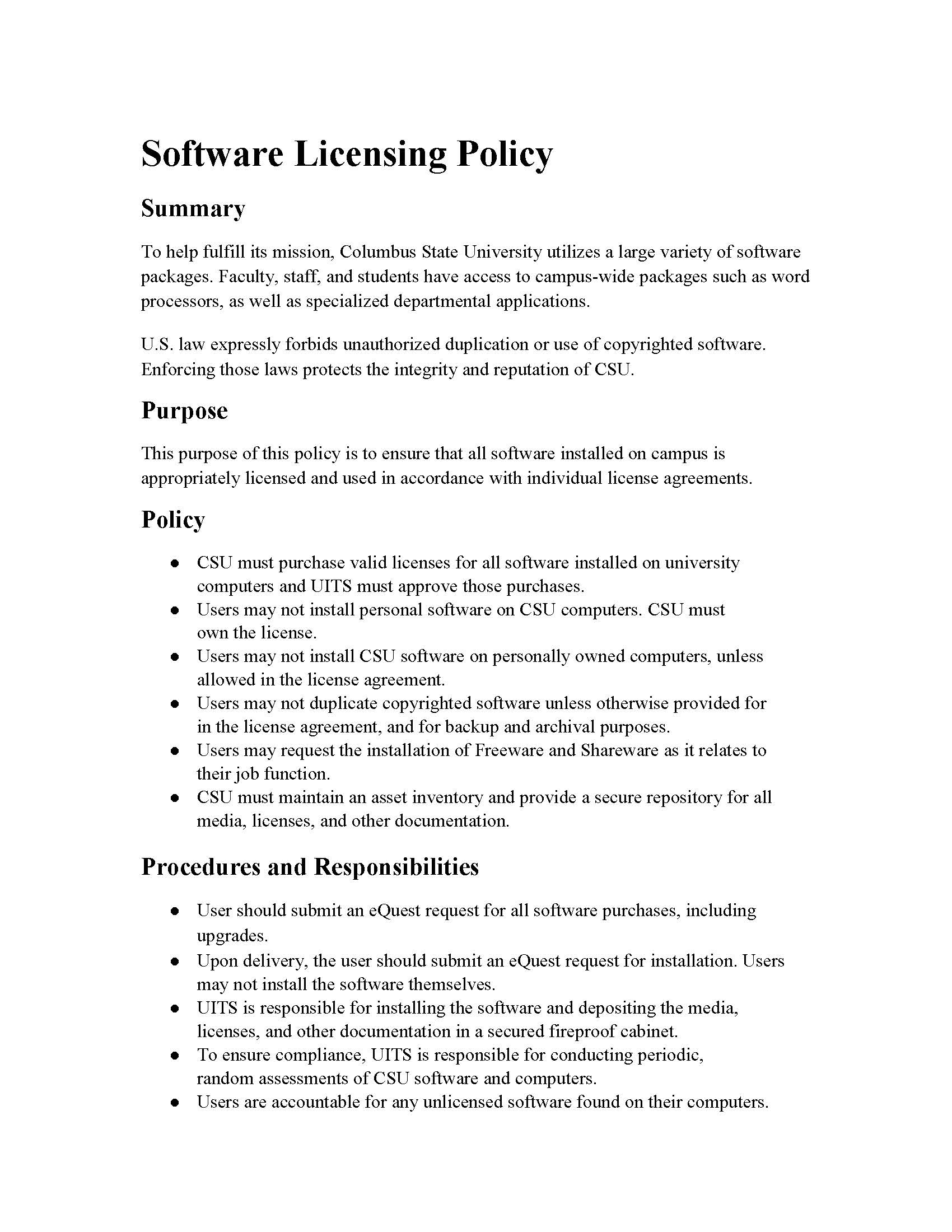 Page one screenshot of Software Licensing Policy